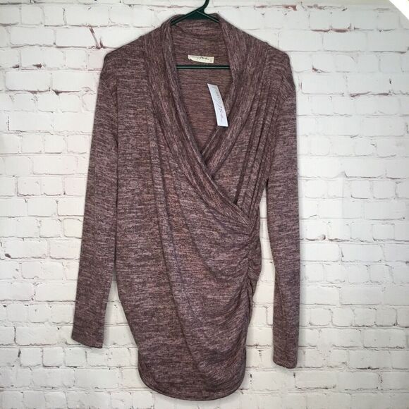 NWT Hello Miz Women’s Large Heathered Pink Faux Wrap Top Long Sleeve Stretchy - Picture 3 of 10